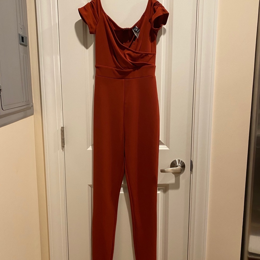 Windsor rust off the shoulder jumpsuit!